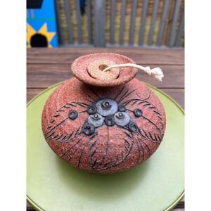 Signed Studio Stoneware Oil Lamp Incised Botanical Applied Clay Carina Vintage